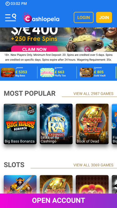 Jeux du casino Cashiopeia sur mobile