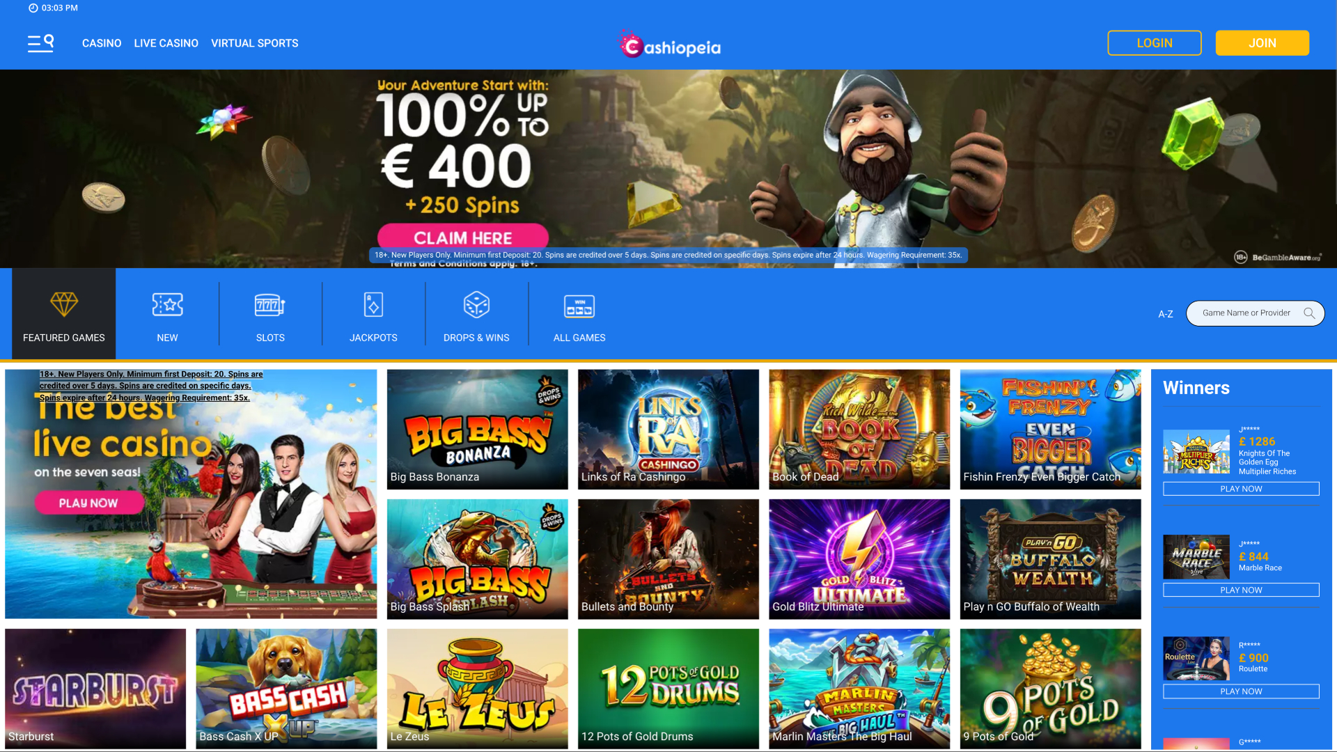 Page d’accueil du casino Cashiopeia sur ordinateur