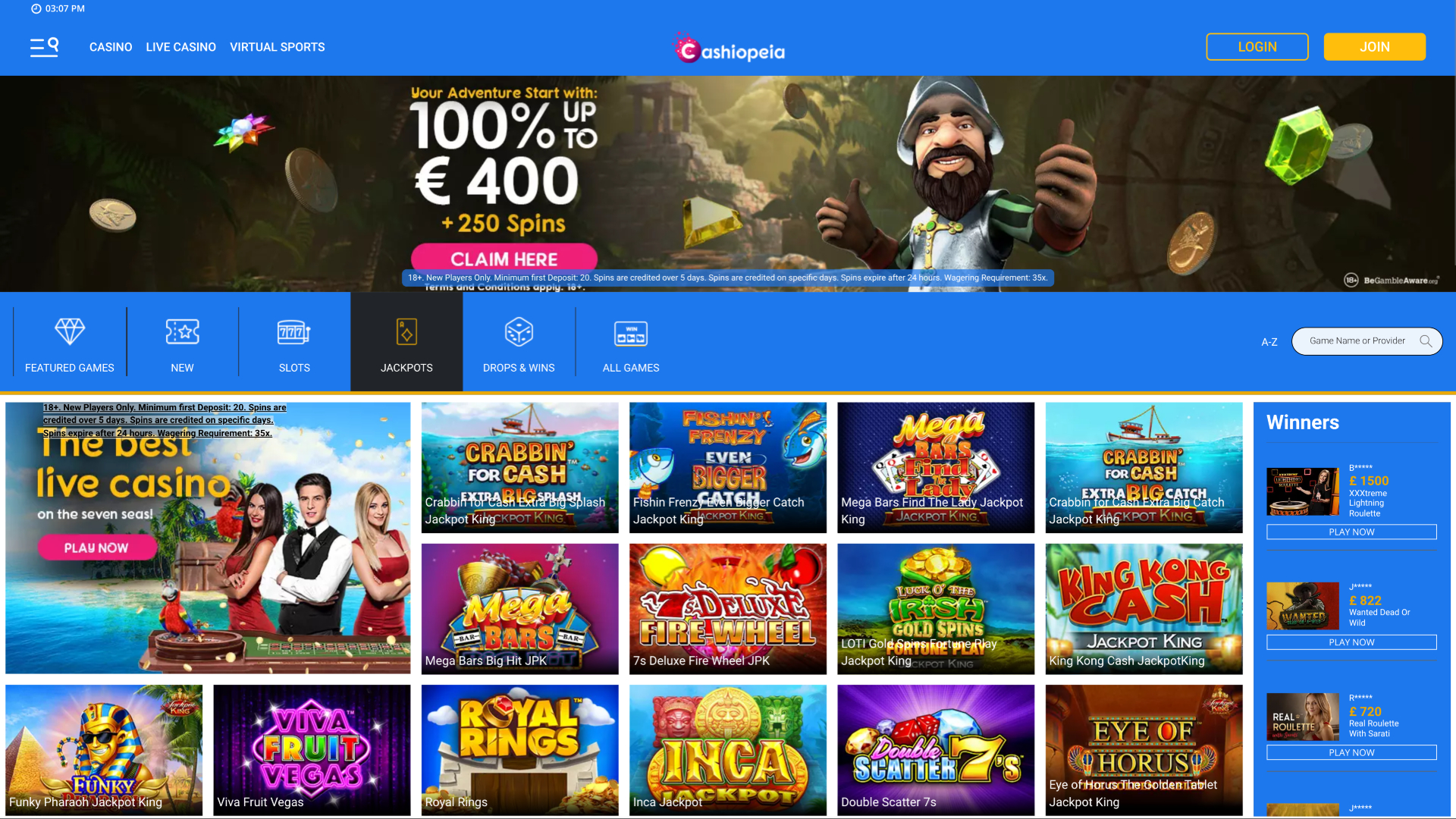Jackpots du casino Cashiopeia sur ordinateur