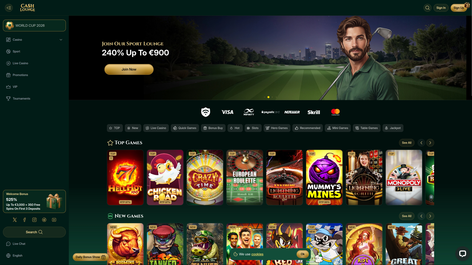 Page d'accueil du casino Cash Lounge (ordinateur de bureau)