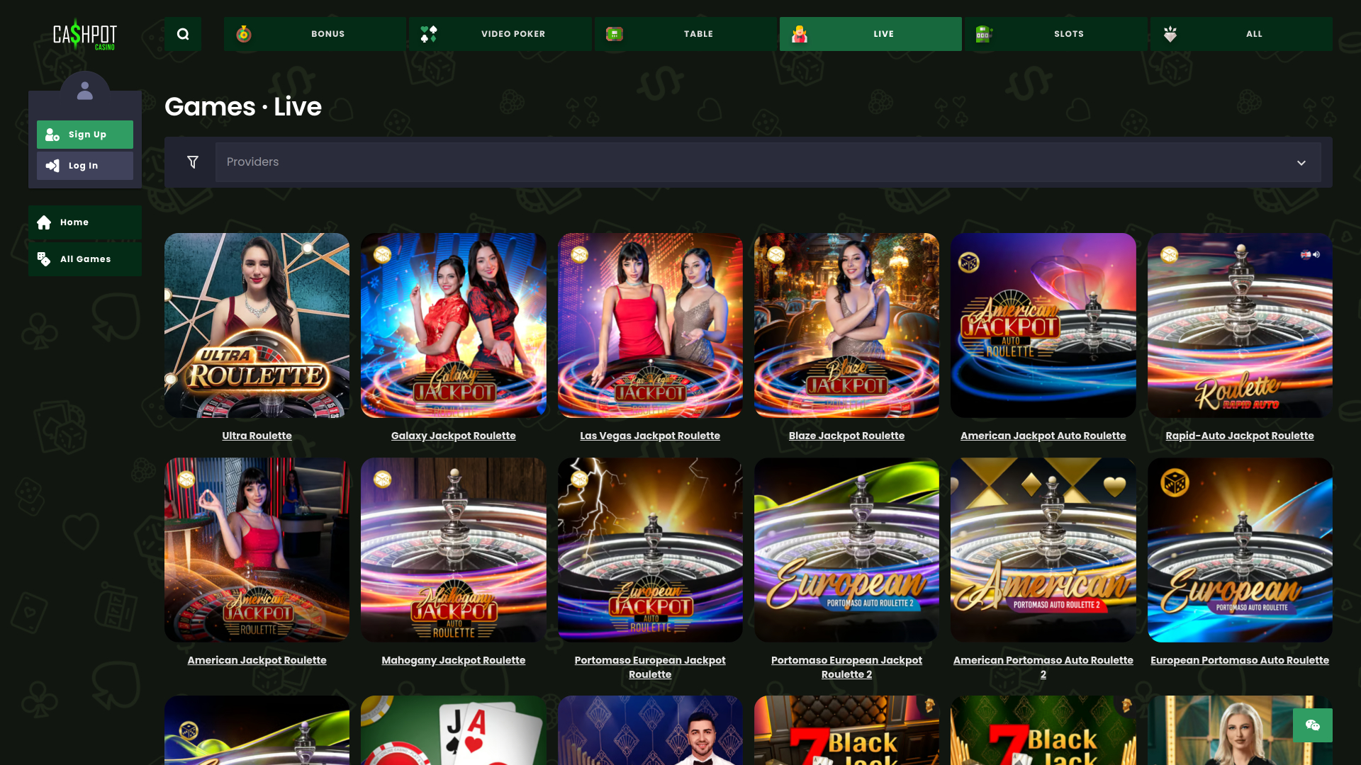 Casino en vivo de Cashpot Versión de escritorio