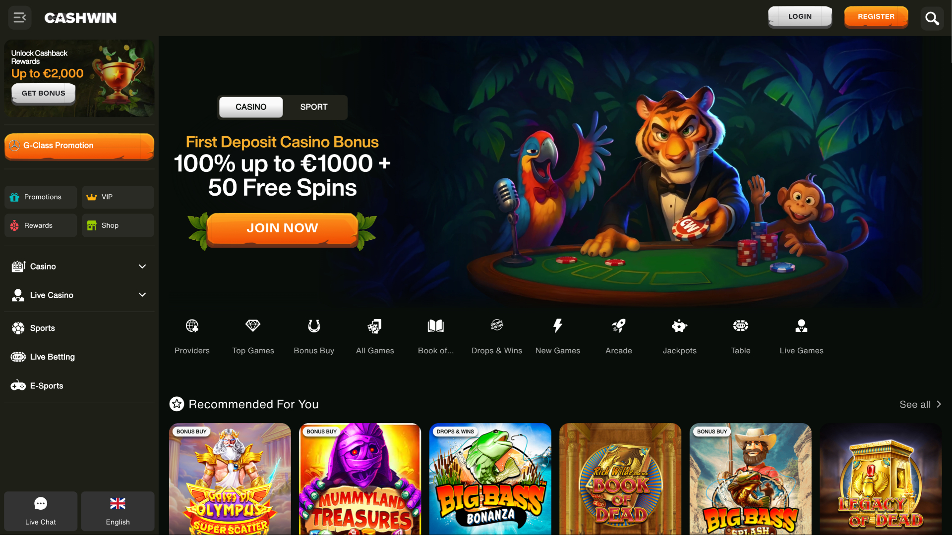 Page d’accueil de Cashwin sur ordinateur