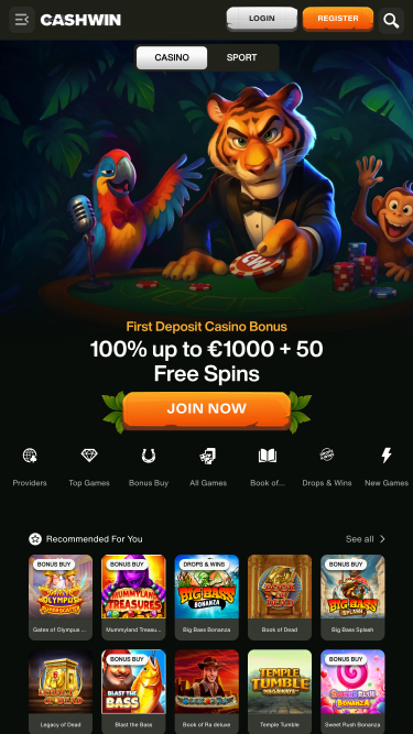 Page d’accueil de Cashwin sur mobile