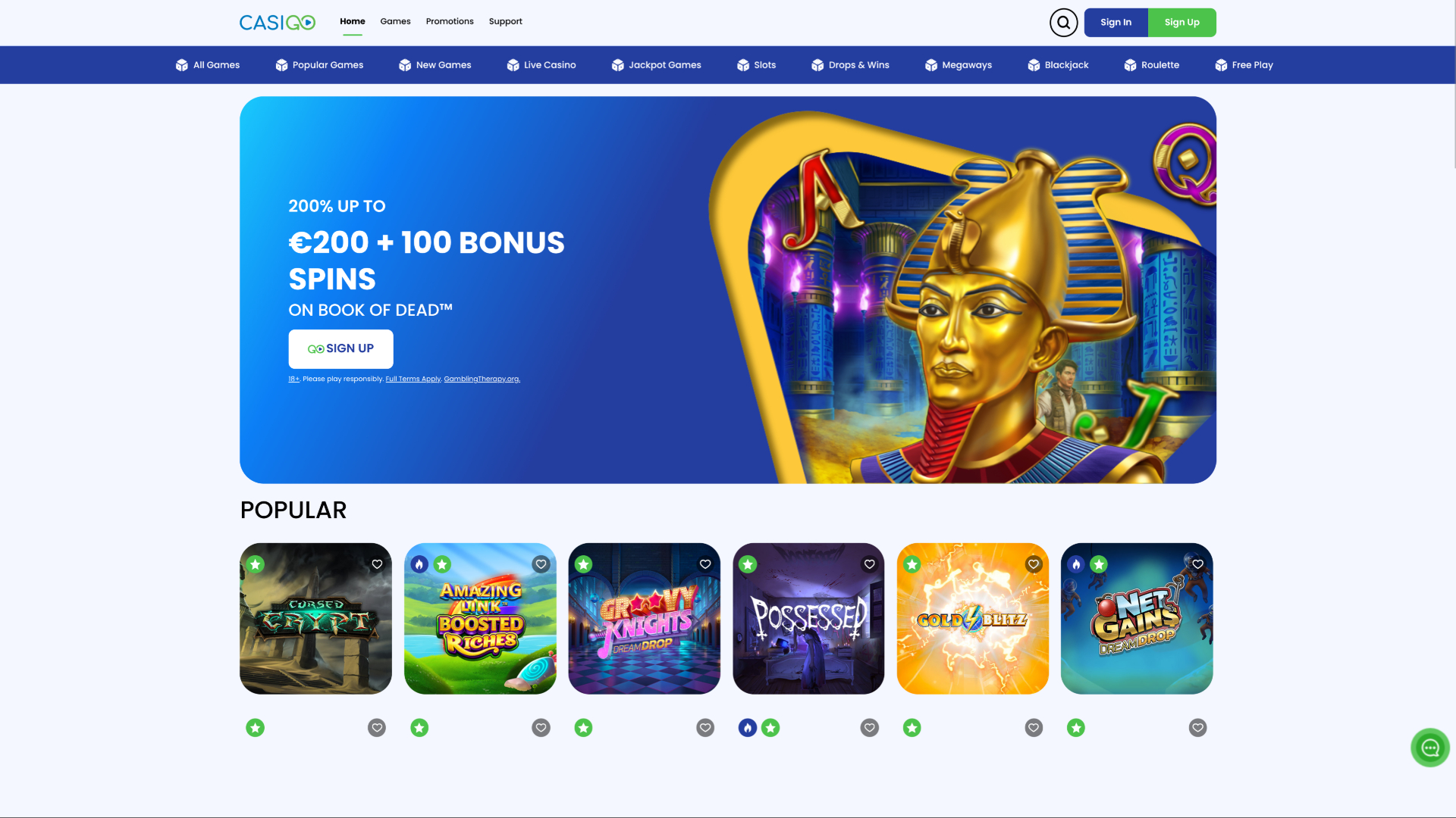 Page d’accueil du casino Casigo sur ordinateur