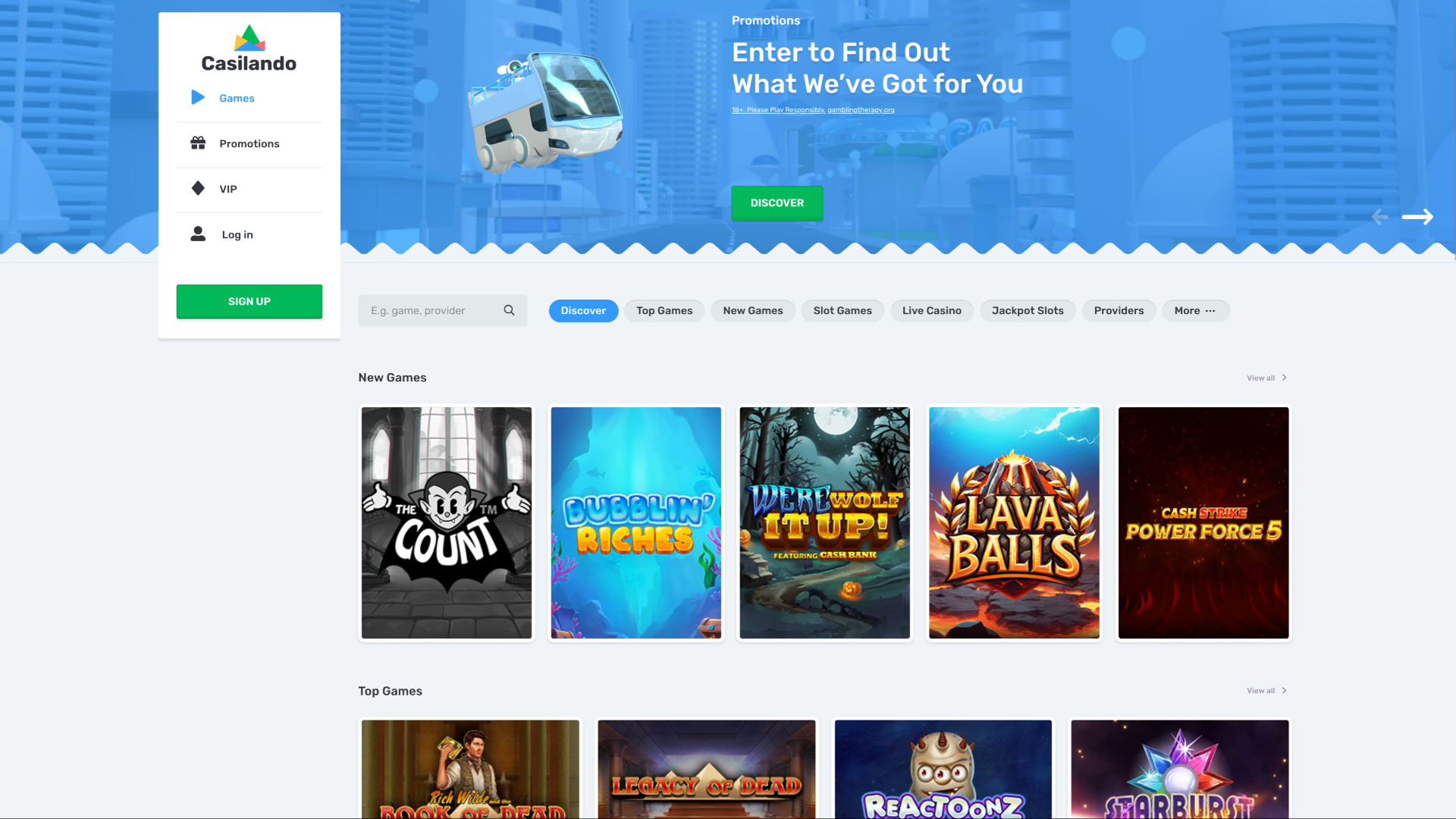 Page d’accueil du casino Casilando sur ordinateur