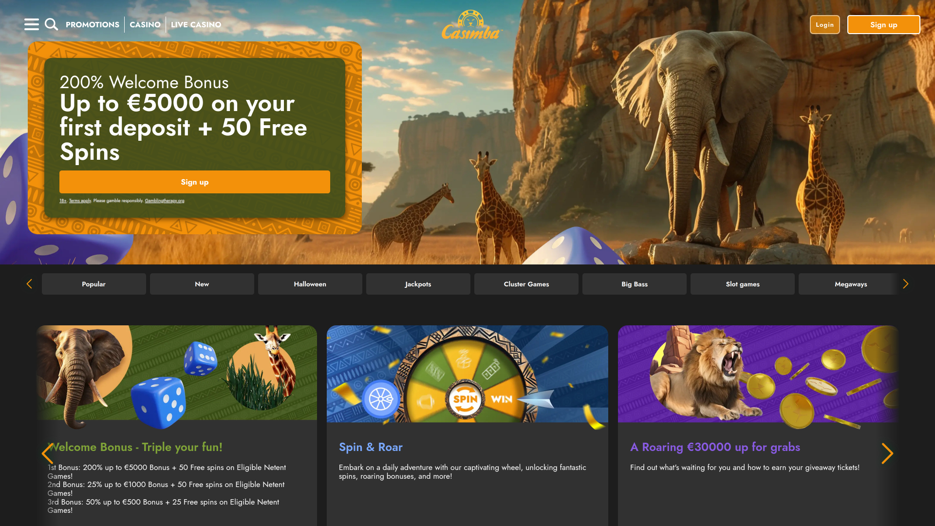 Page d’accueil du Casimba Casino Version de bureau