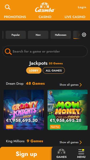 Jackpot du Casimba Casino Version mobile
