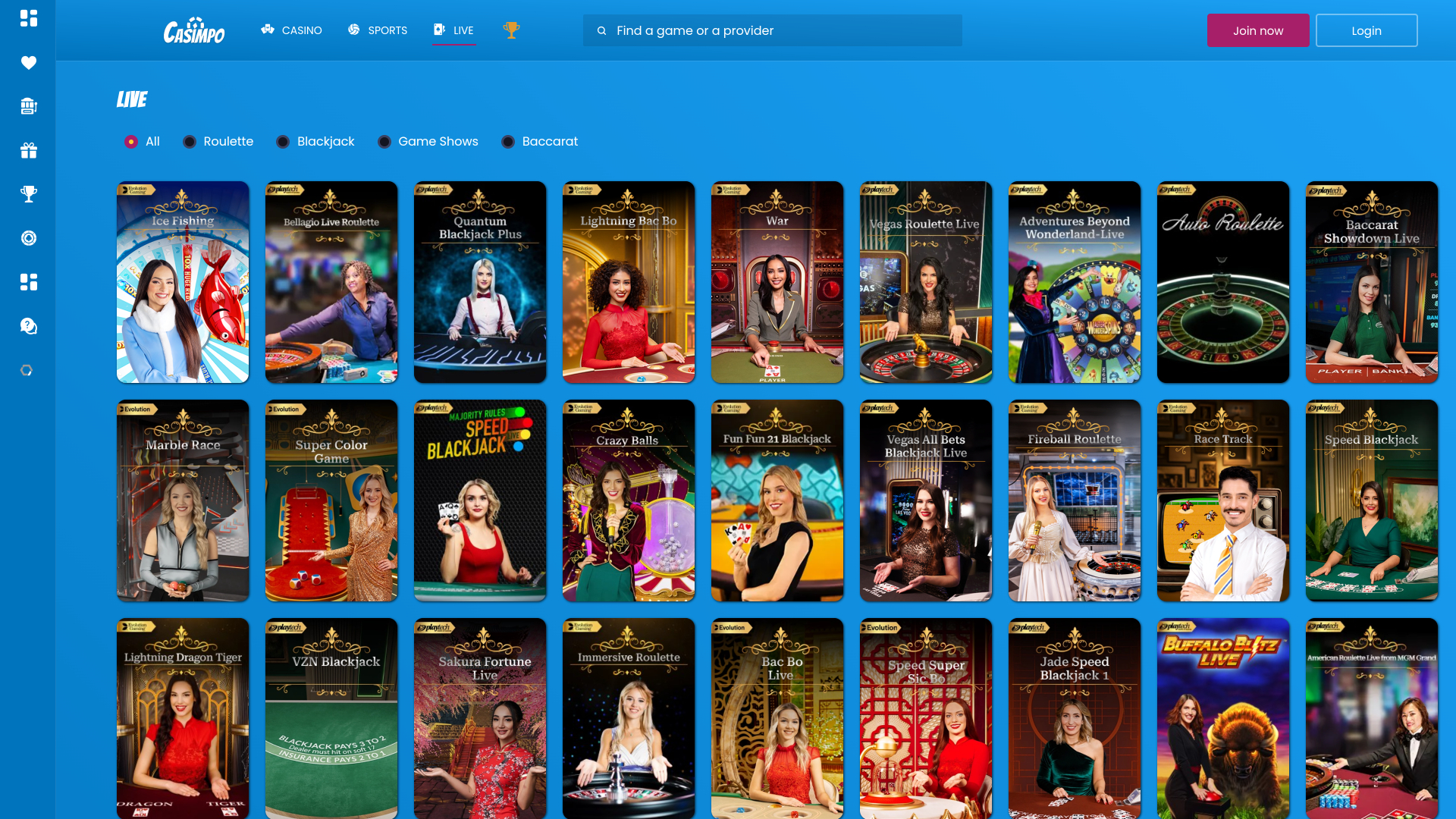 Casino en vivo de Casimpo Versión de escritorio