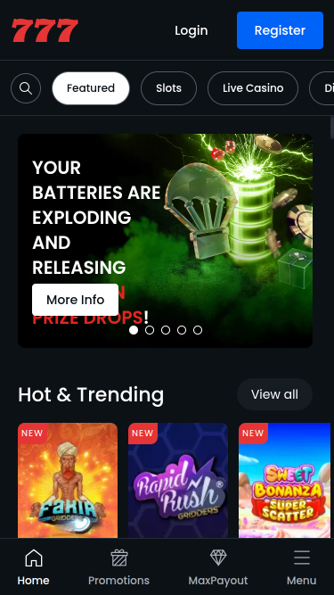 Page d'accueil mobile de Casino 777