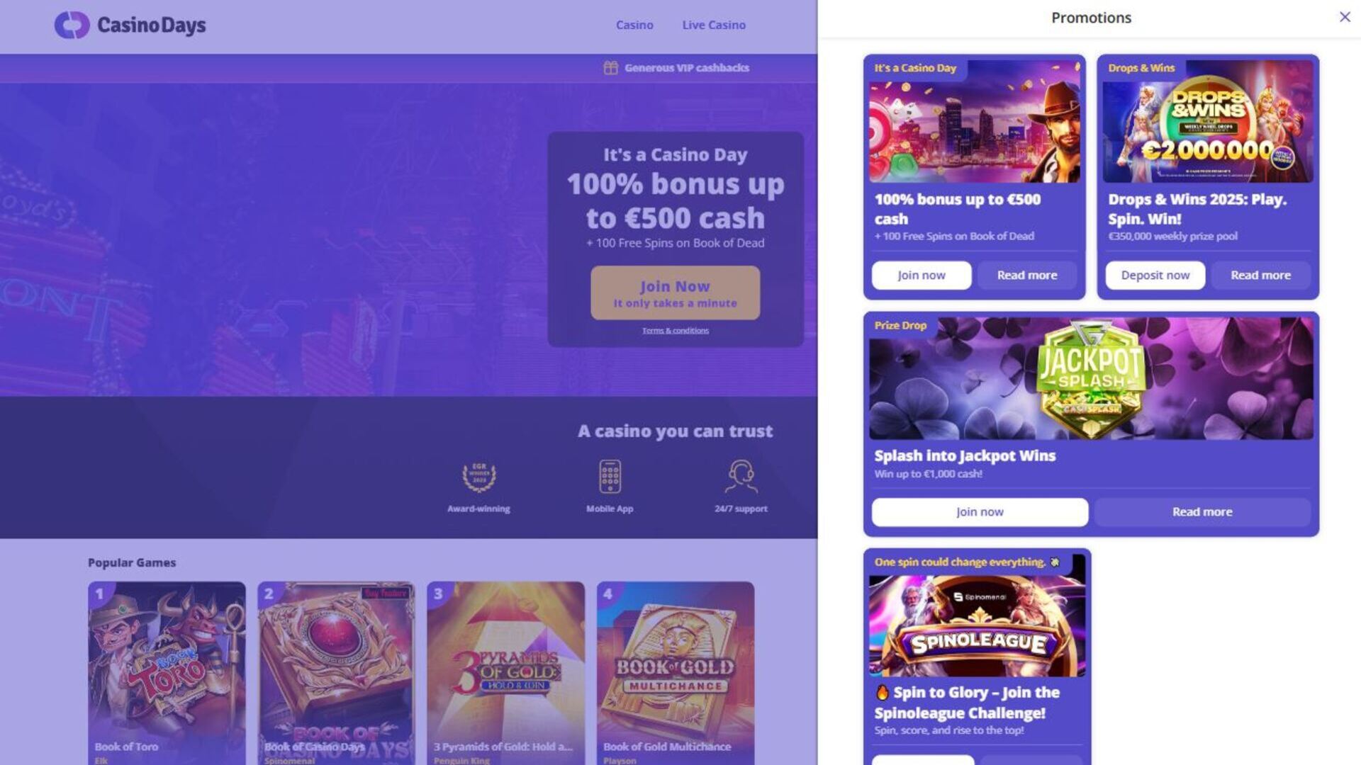 Promotions de Casino Days sur ordinateur