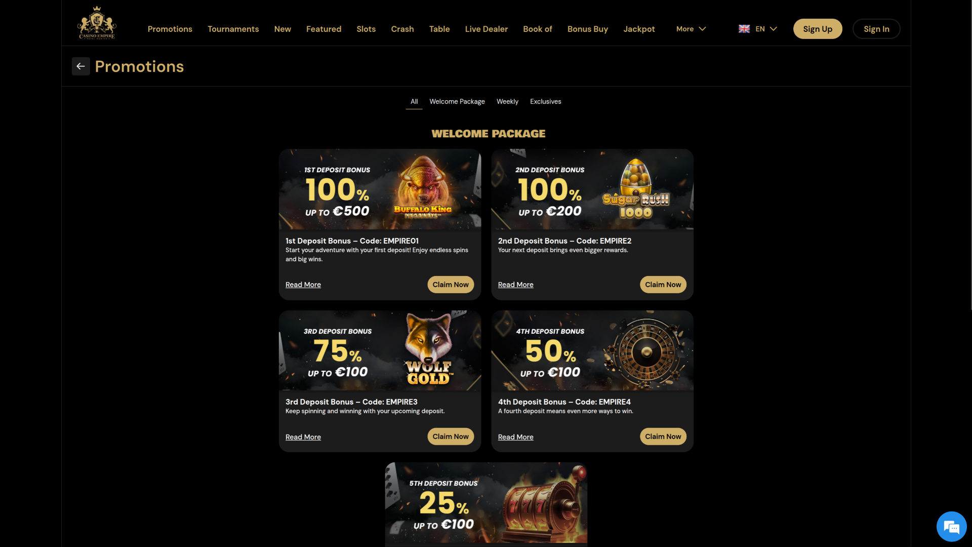 Promotions Casino Empire sur ordinateur de bureau