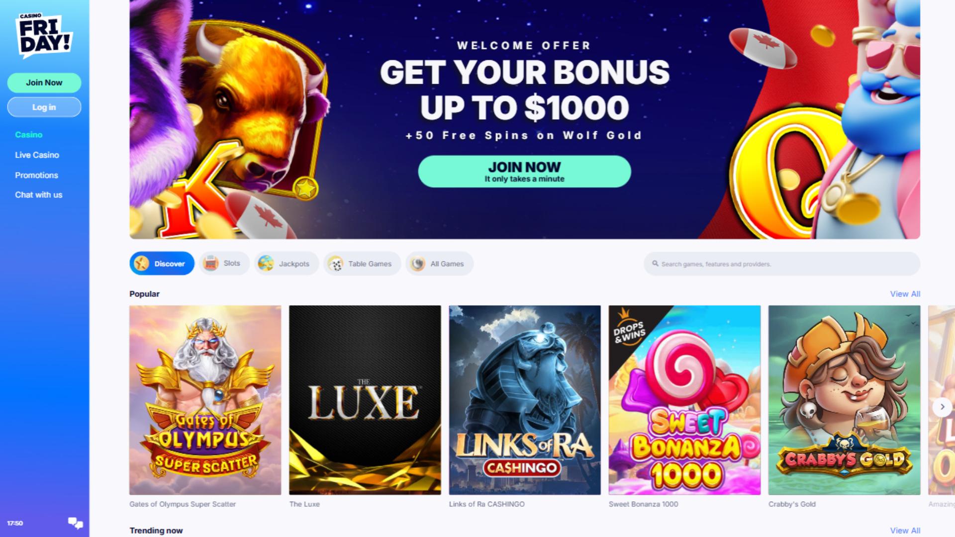 Page d’accueil de Casino Friday sur ordinateur