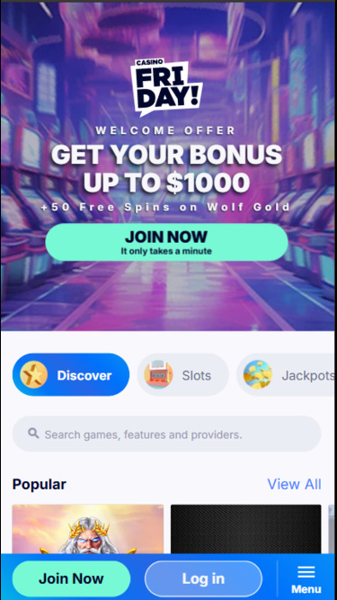 Page d’accueil de Casino Friday sur mobile