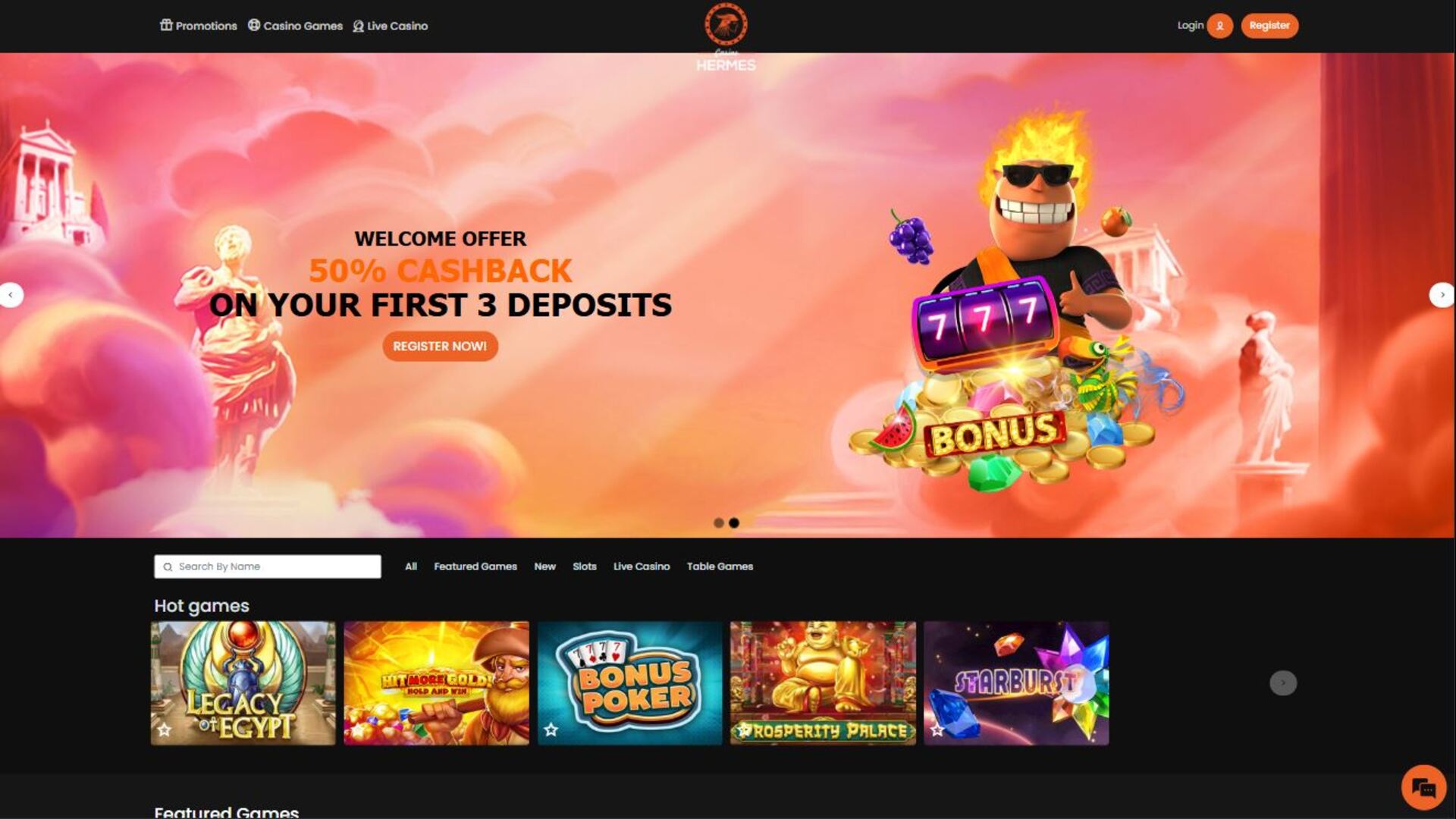 Page d'accueil de Casino Hermes sur ordinateur