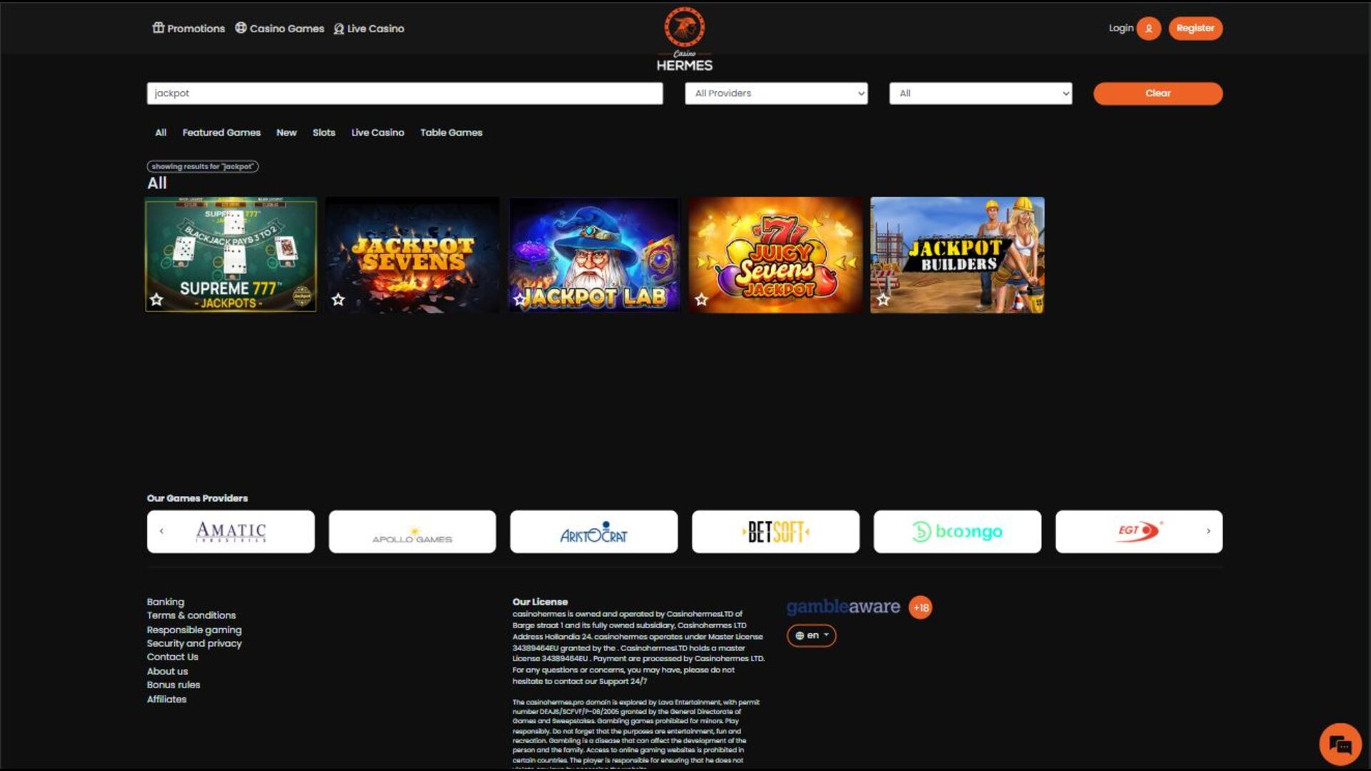 Jackpot de Casino Hermes sur ordinateur