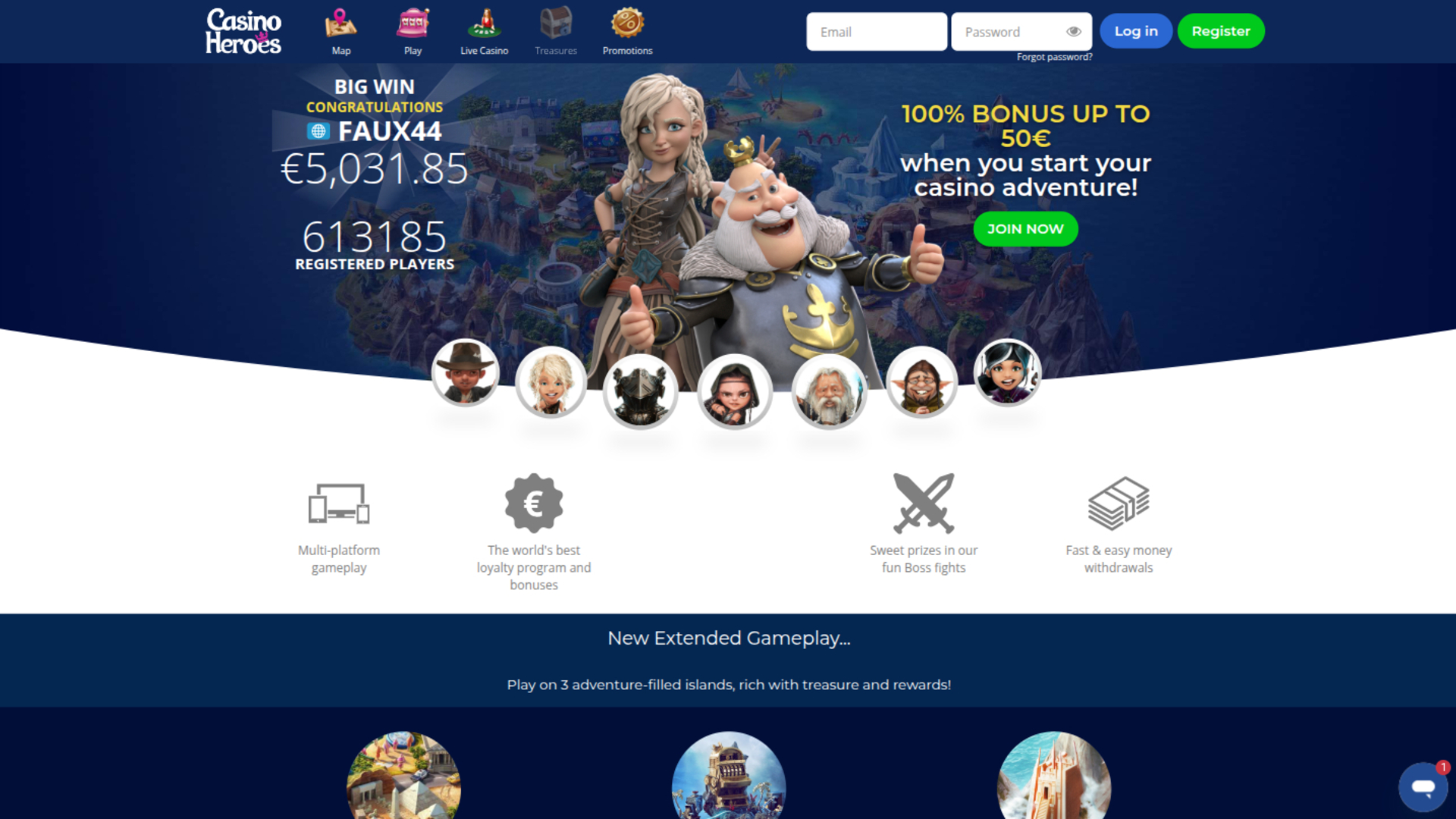 Page d’accueil de Casino Heroes sur ordinateur