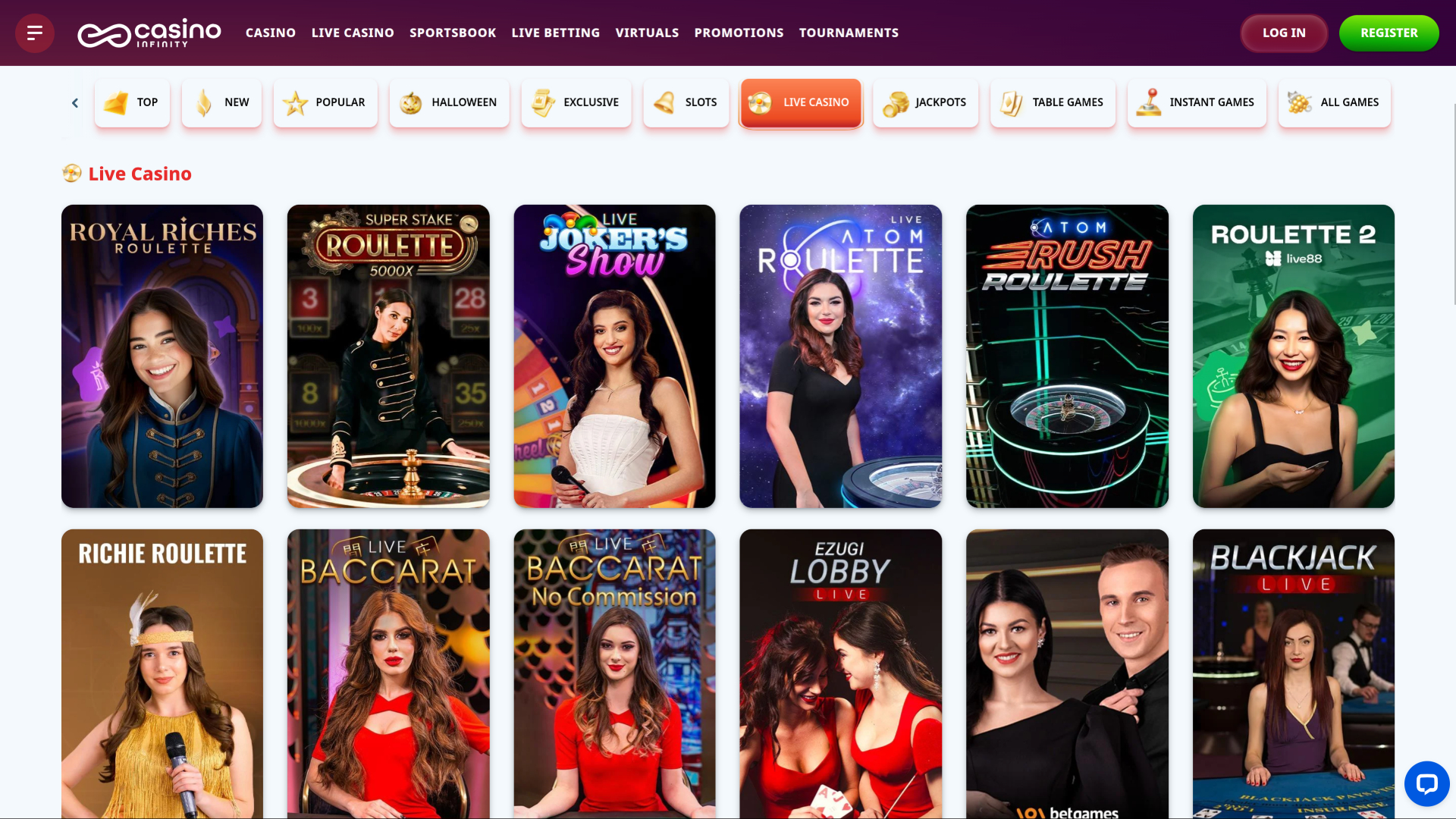 Dealer en vivo de Casino Infinity en escritorio