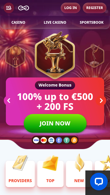 Página de inicio de Casino Infinity en móvil