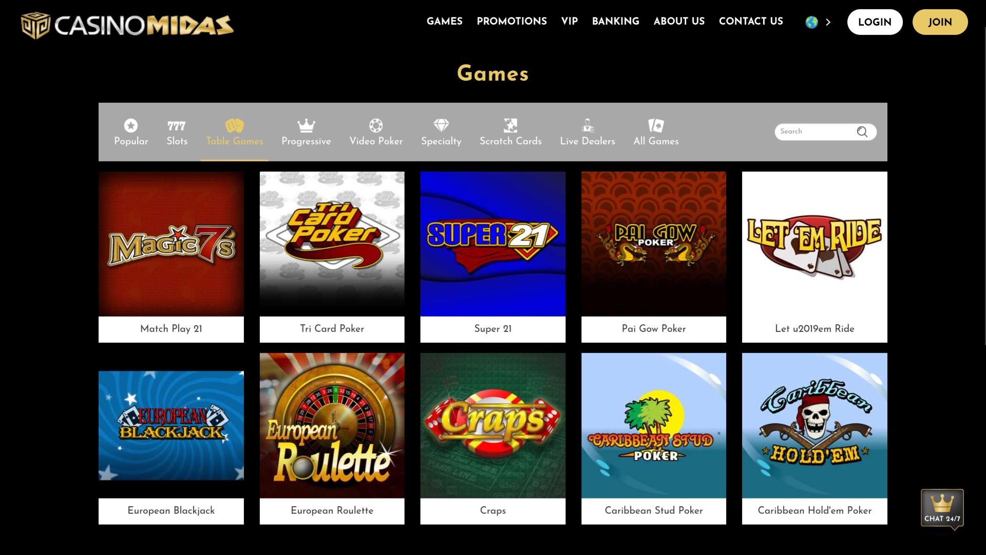 Jeux de table de Casino Midas sur ordinateur