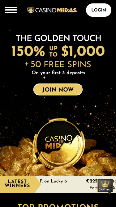 Page d’accueil mobile de Casino Midas