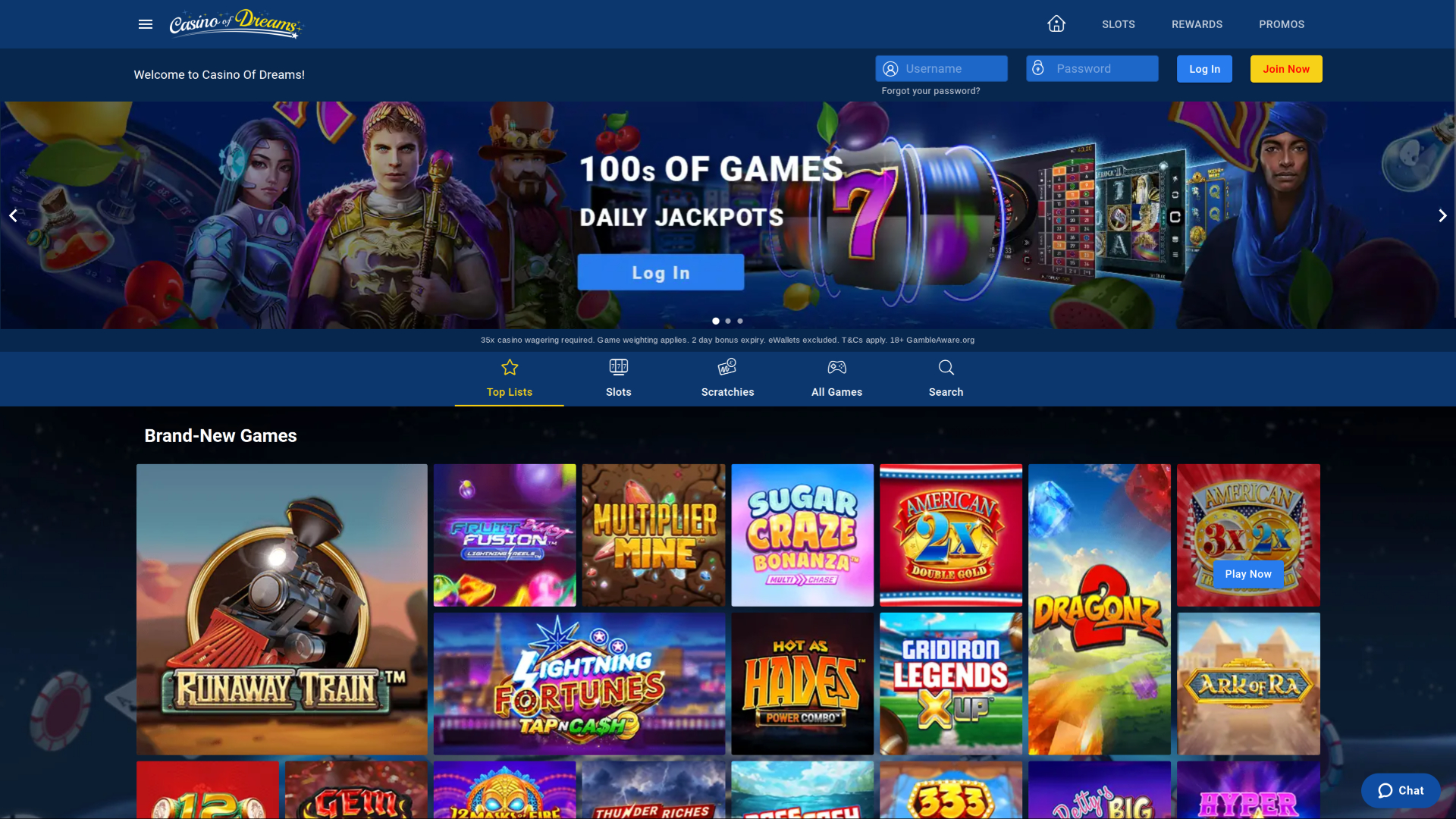 Casino of Dreams Page d’accueil sur ordinateur