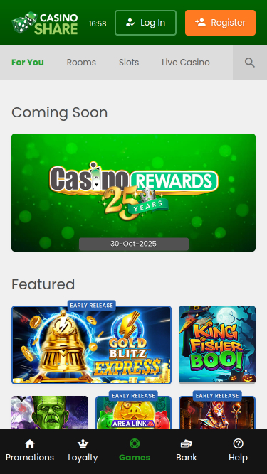 Page d'accueil mobile de Casino Share