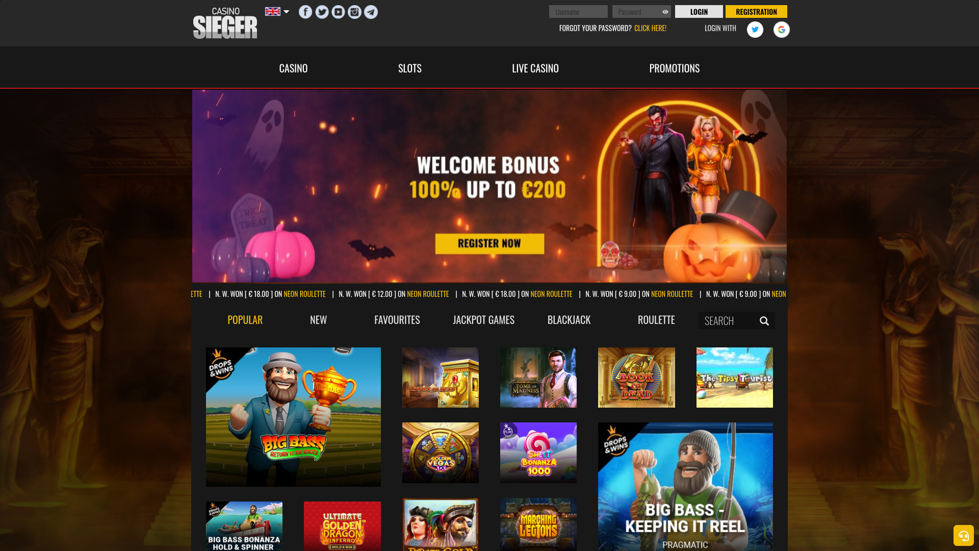 Page d’accueil de Casino Sieger sur ordinateur