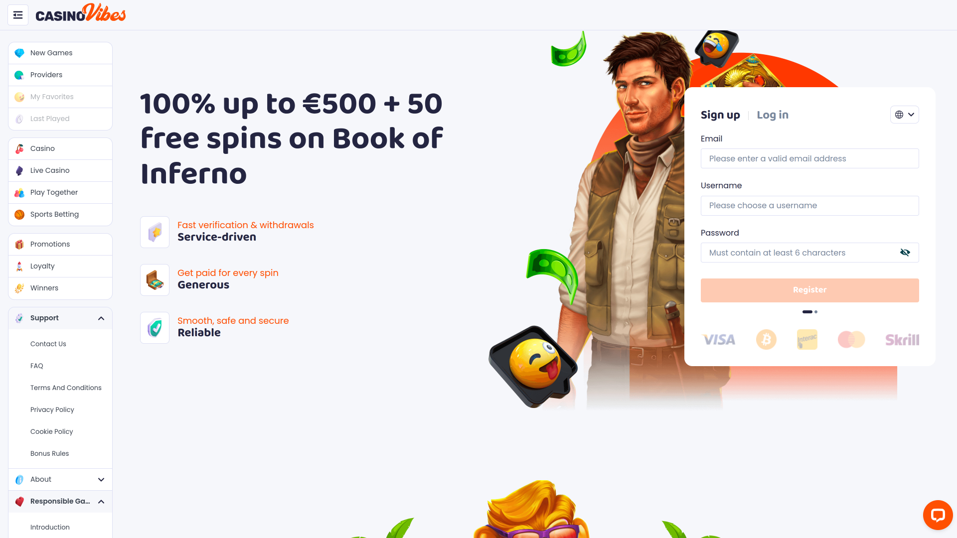 Page d’accueil de Casino Vibes sur ordinateur