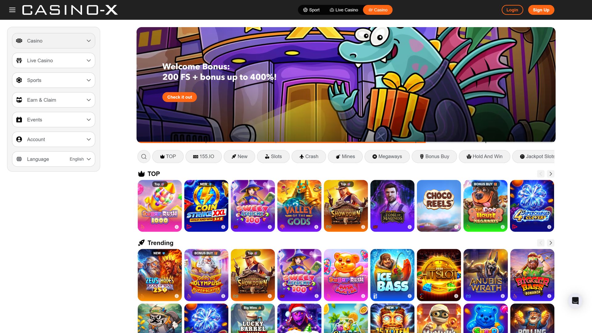 Page d’accueil de Casino X sur ordinateur