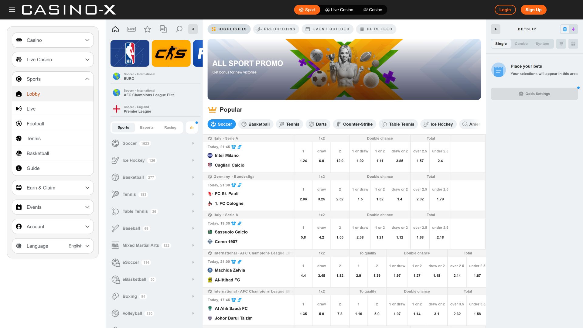Sports en direct de Casino X sur ordinateur
