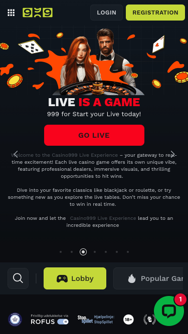 Page d’accueil mobile de Casino999