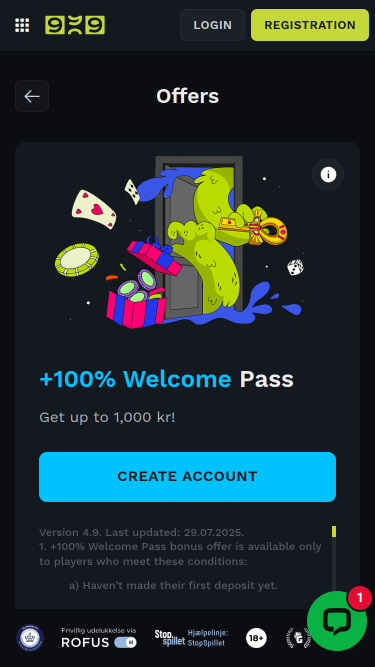 Promotions mobiles de Casino999