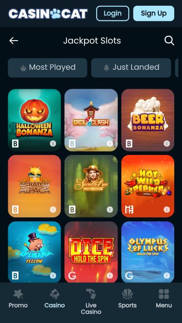 CasinoCat Jackpot-Mobilseite