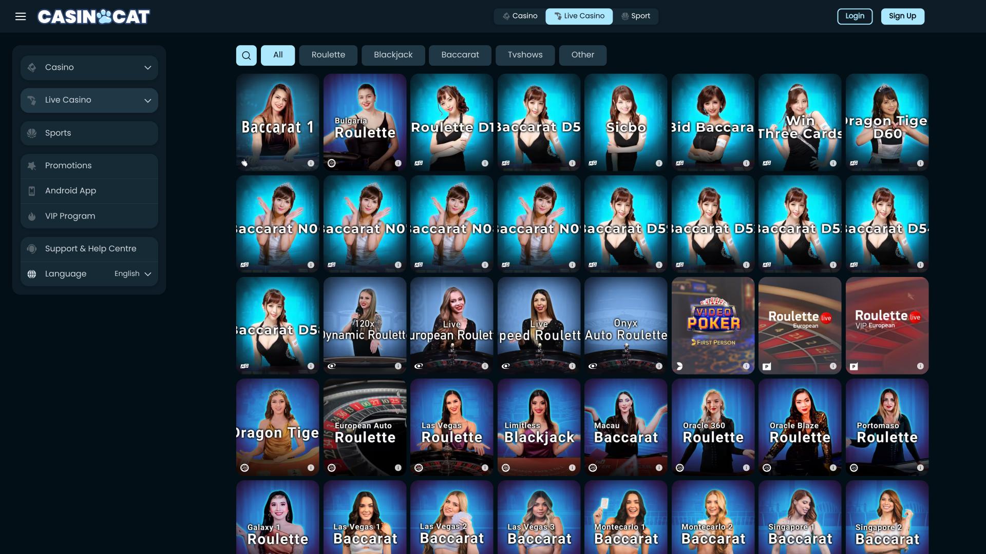 CasinoCat Live-Dealer-Seite