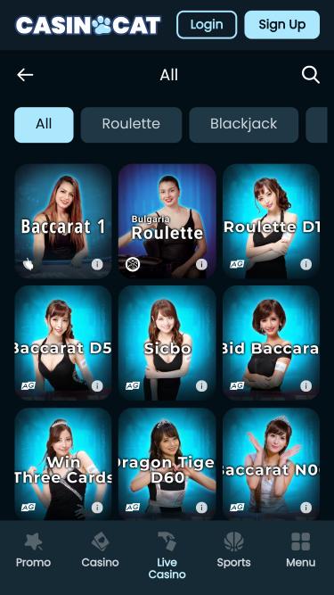 CasinoCat Live-Dealer-Mobilseite