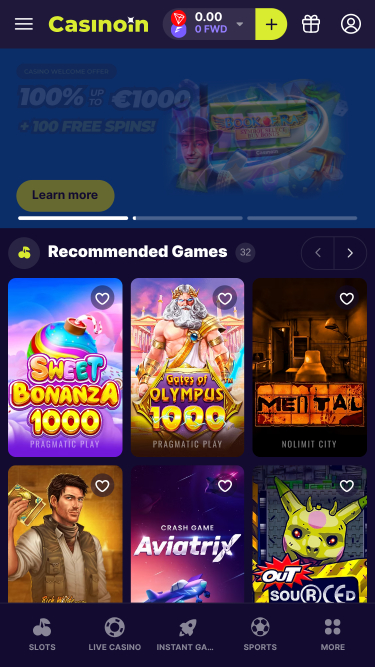 Page d’accueil mobile de Casinoin