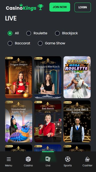 CasinoKings.com Mobile avec croupier en direct