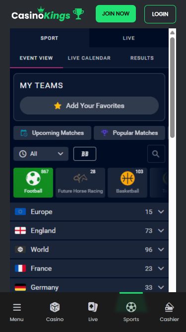 Sports en direct sur mobile CasinoKings.com