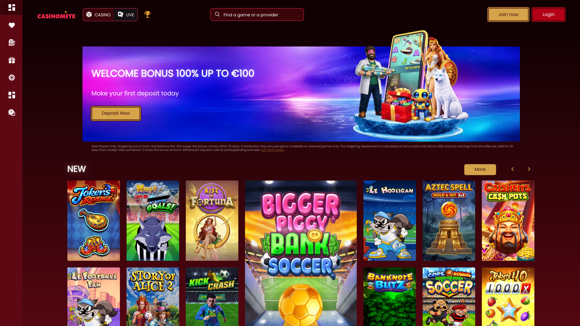 Главная страница казино Casinomite для настольных компьютеров