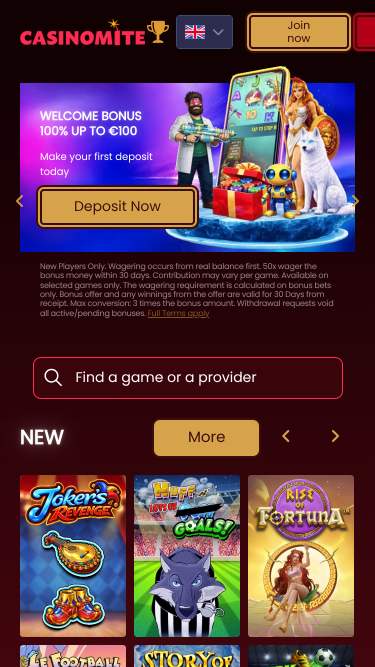 Главная страница мобильного казино Casinomite