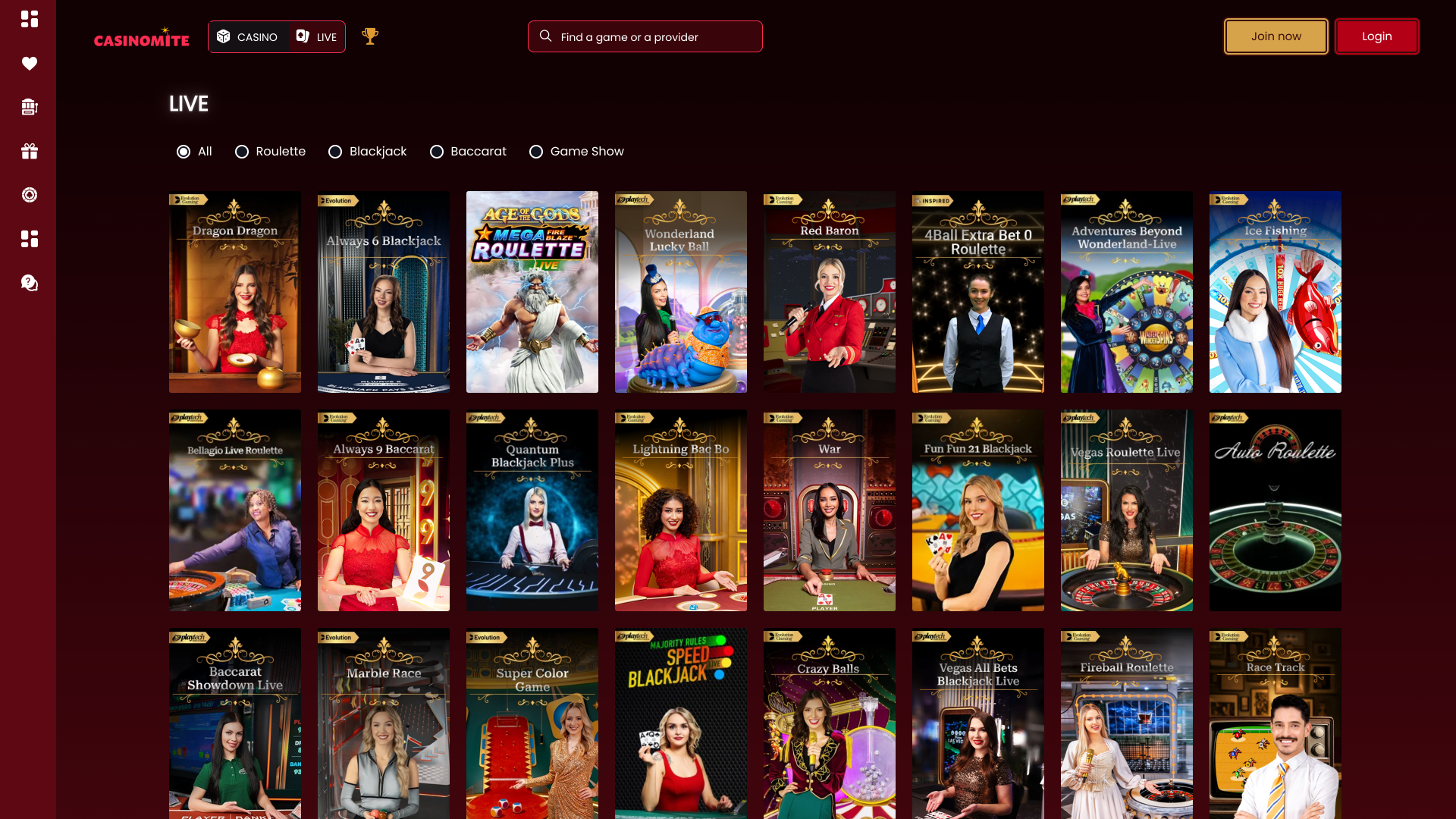 Казино Casinomite для настольных компьютеров с живыми дилерами