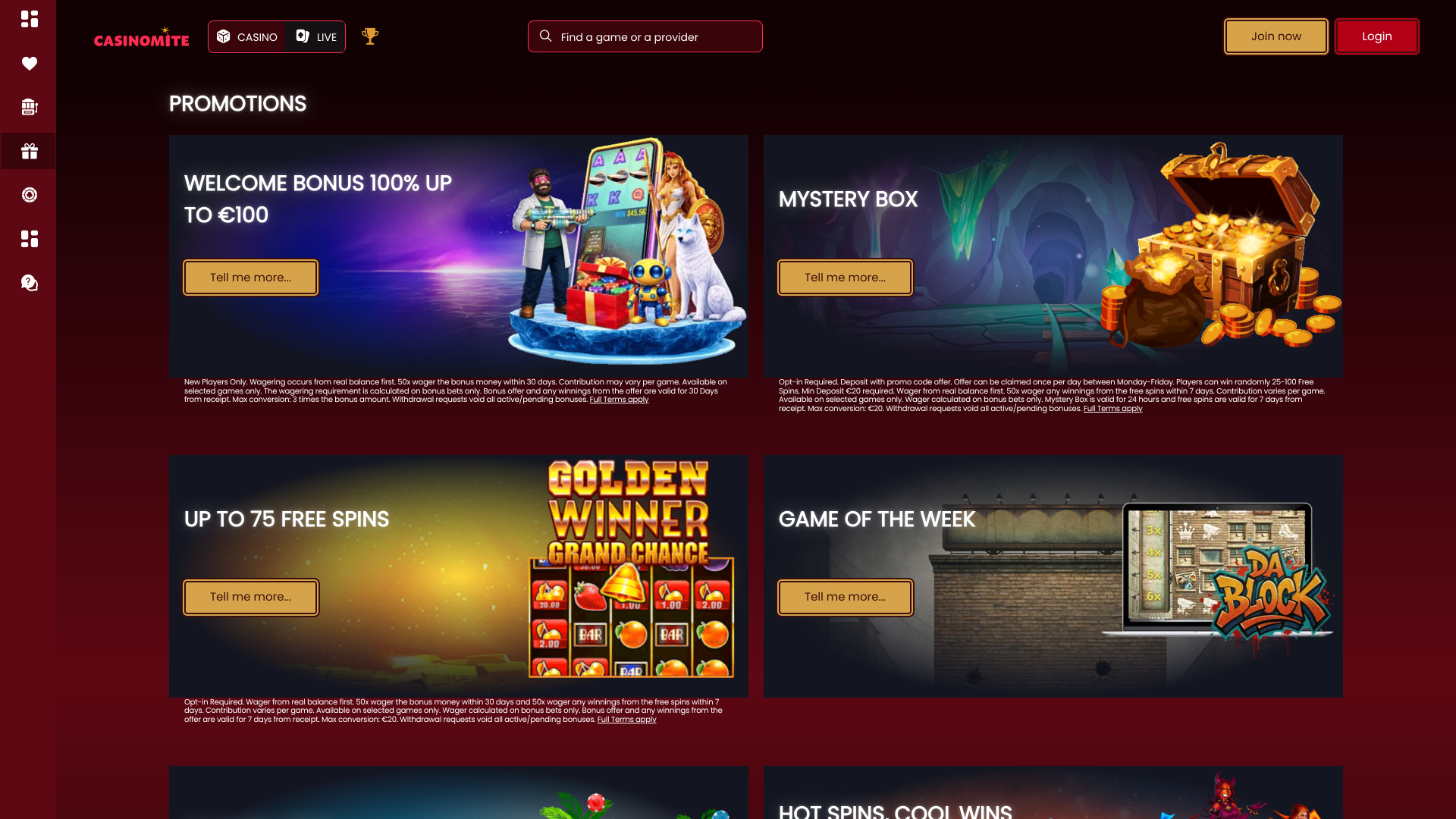 Акции казино Casinomite для настольных компьютеров