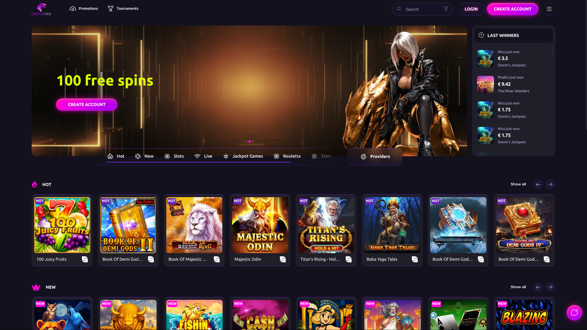 Pagina principale di CasinoRex desktop