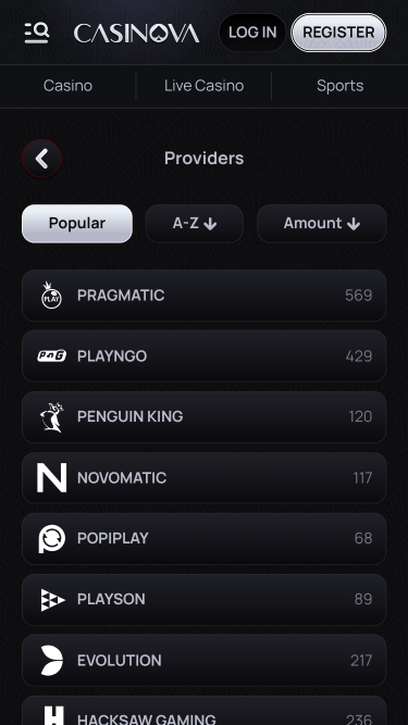 Développeurs de jeux de Casinova Casino mobile