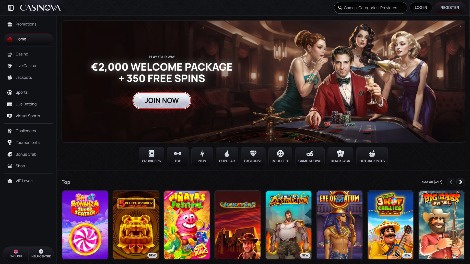 Page d’accueil de Casinova Casino bureau