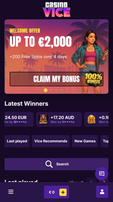 Page d'accueil mobile de CasinoVice