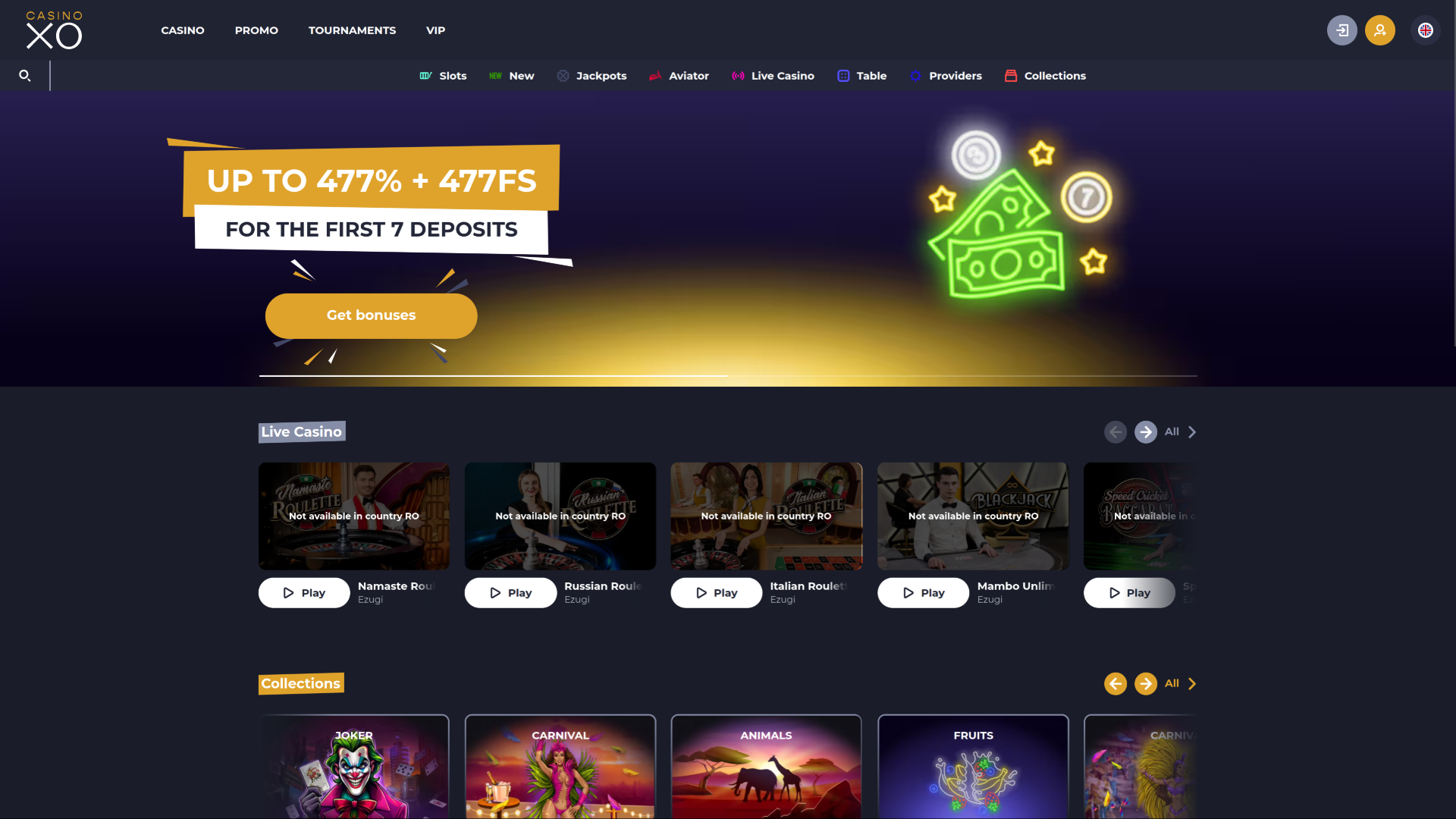 Главная страница Casino XO для настольных компьютеров
