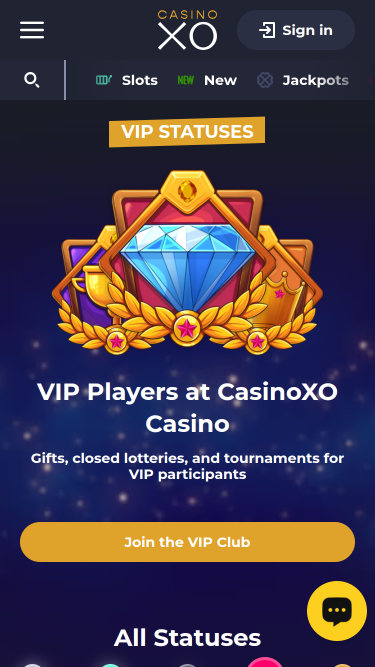 Главная страница мобильного приложения Casino XO