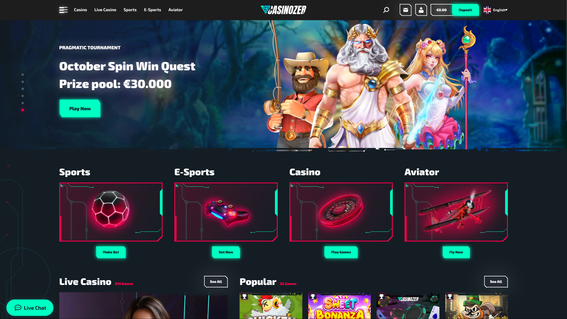 Pagina principale di Casinozer desktop