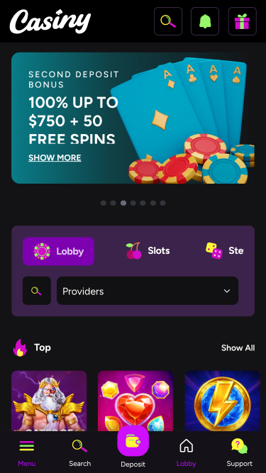 Page d’accueil de Casiny Casino mobile